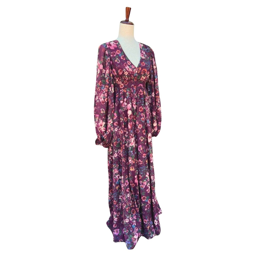 Aura Maxi Dress Colorful Floral XS V-Neck Empire Waist Balloon Sleeve Prairie - Picture 5 of 13
